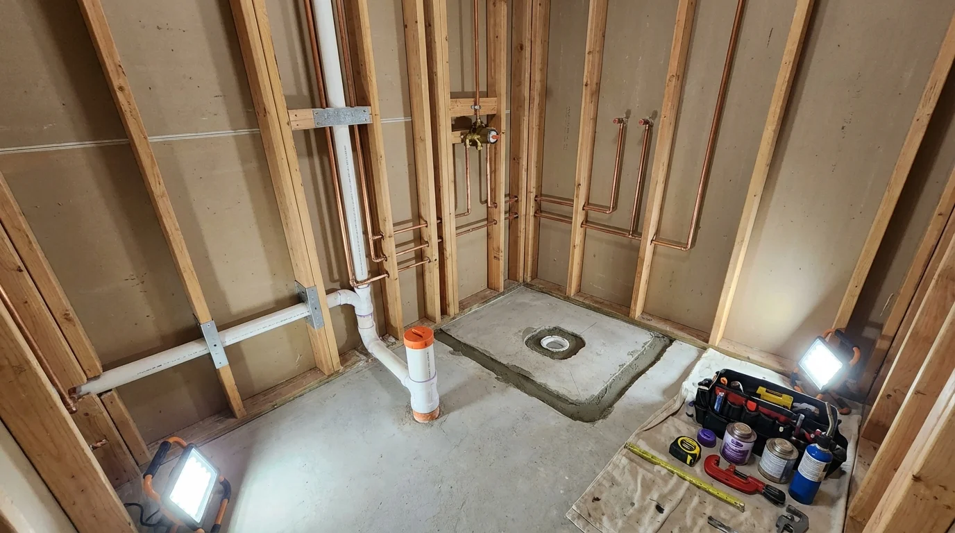 Bathroom rough-in plumbing during remodel by Johns Plumbing LLC in Gotha