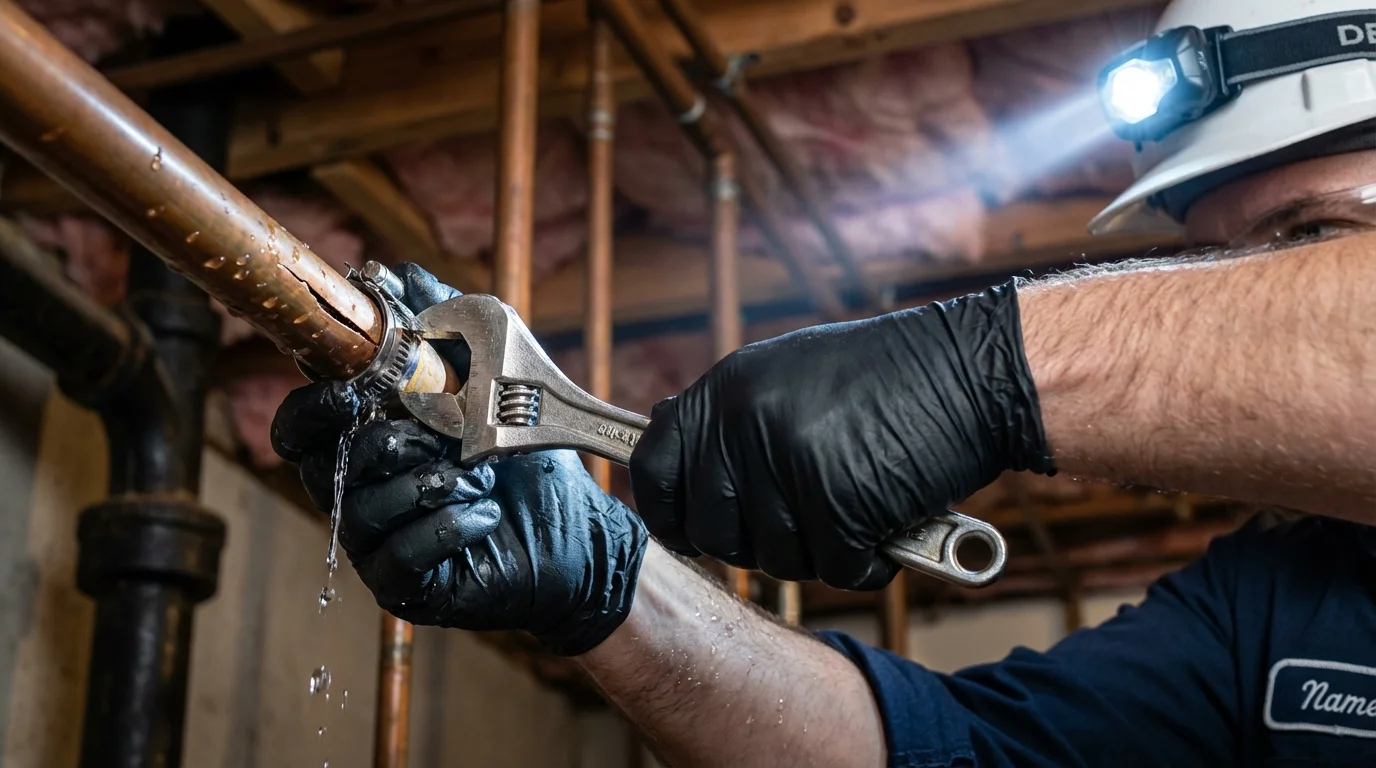 Emergency pipe clamp repair being performed by a Johns Plumbing LLC plumber in Gotha