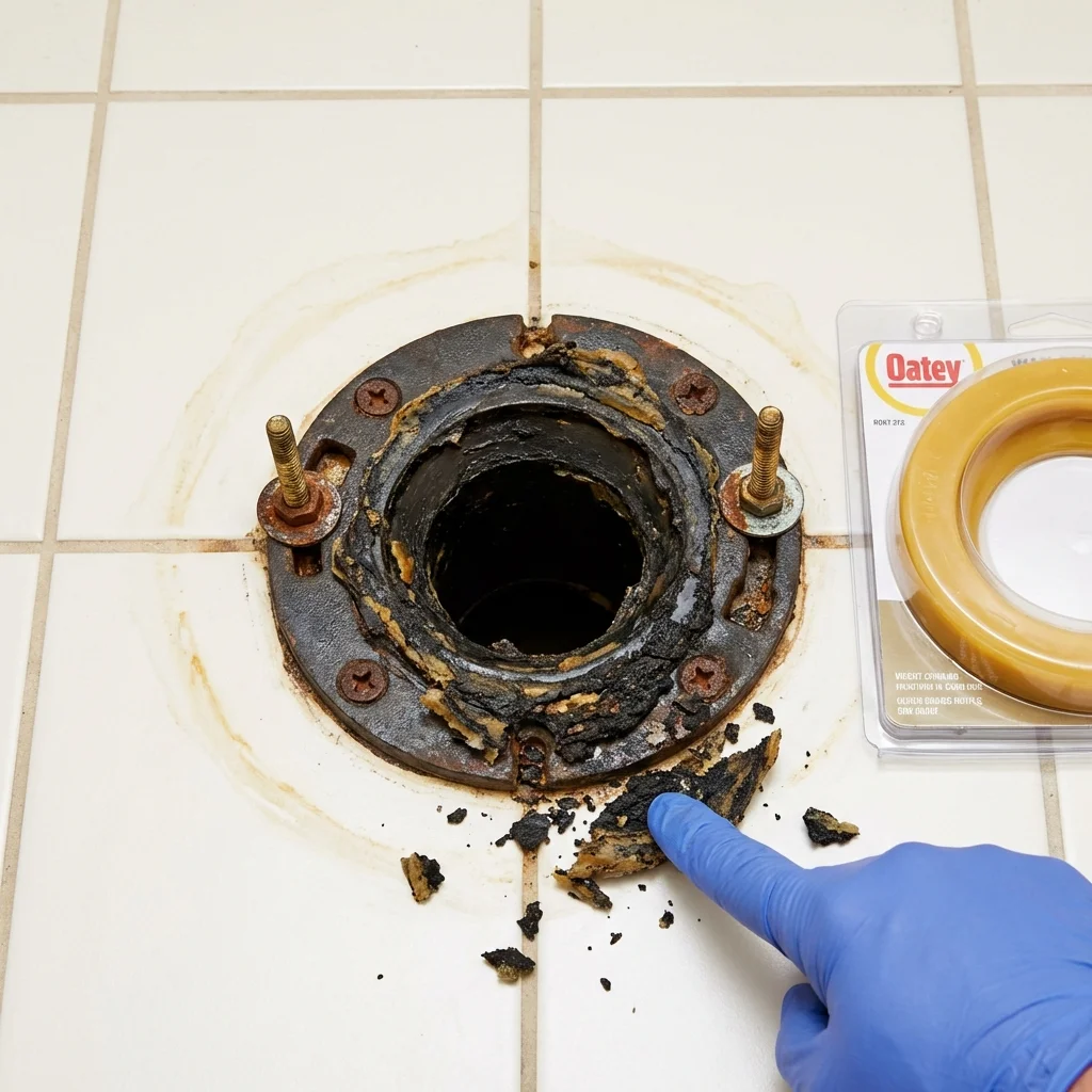 Failed wax ring showing water seepage at the base of a toilet in a Gotha, FL home